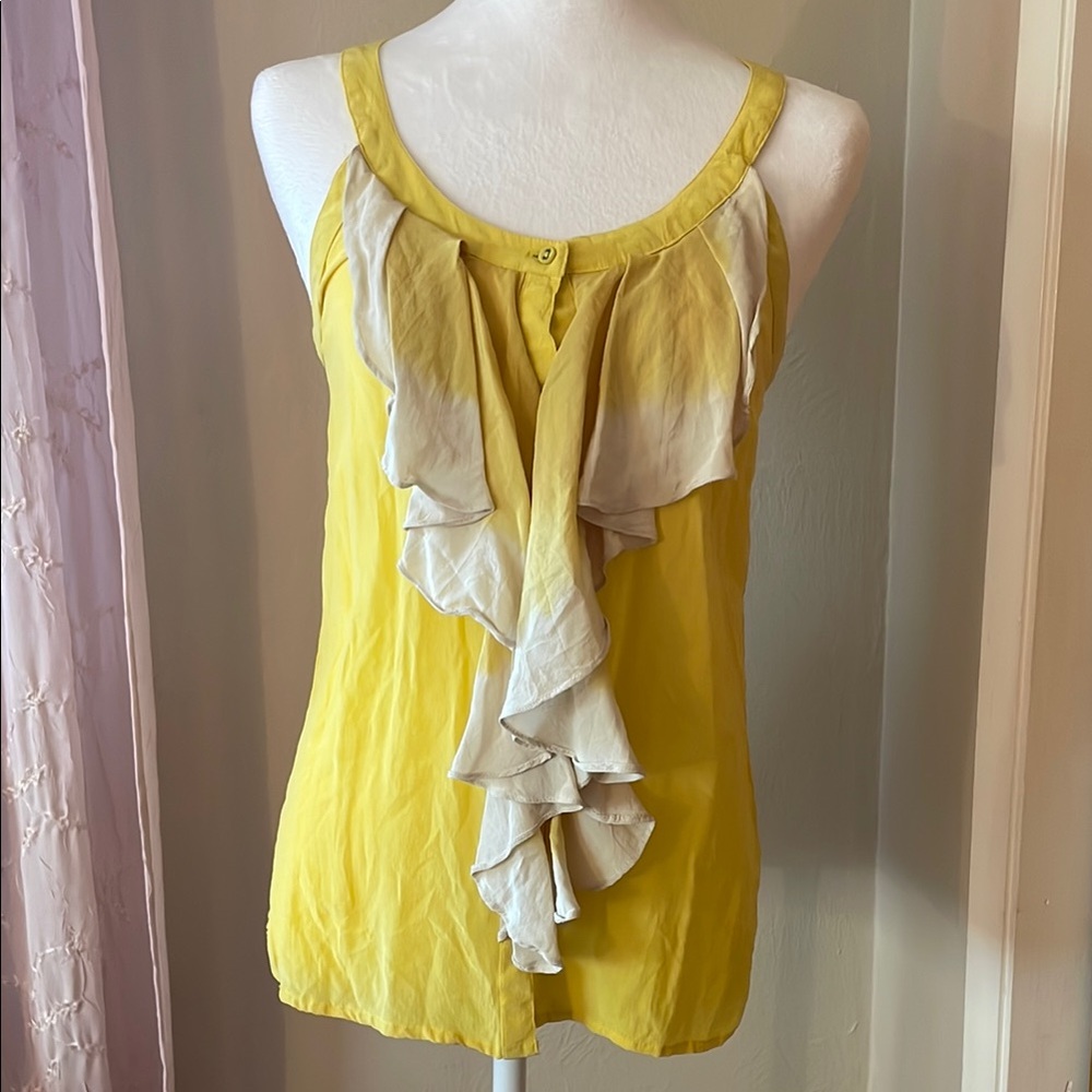 Yellow and White Silk Ruffle Women's Top